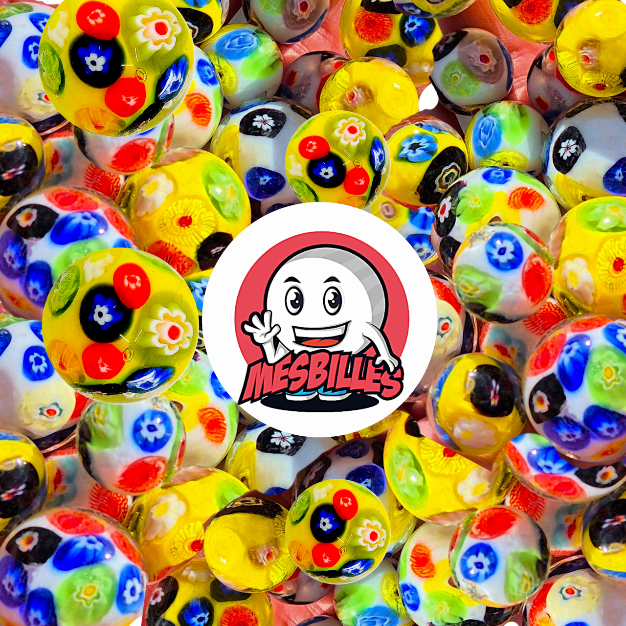 Große Murmel „Millefiori“ auf weißem Hintergrund, 22 mm, von MeineMurmeln