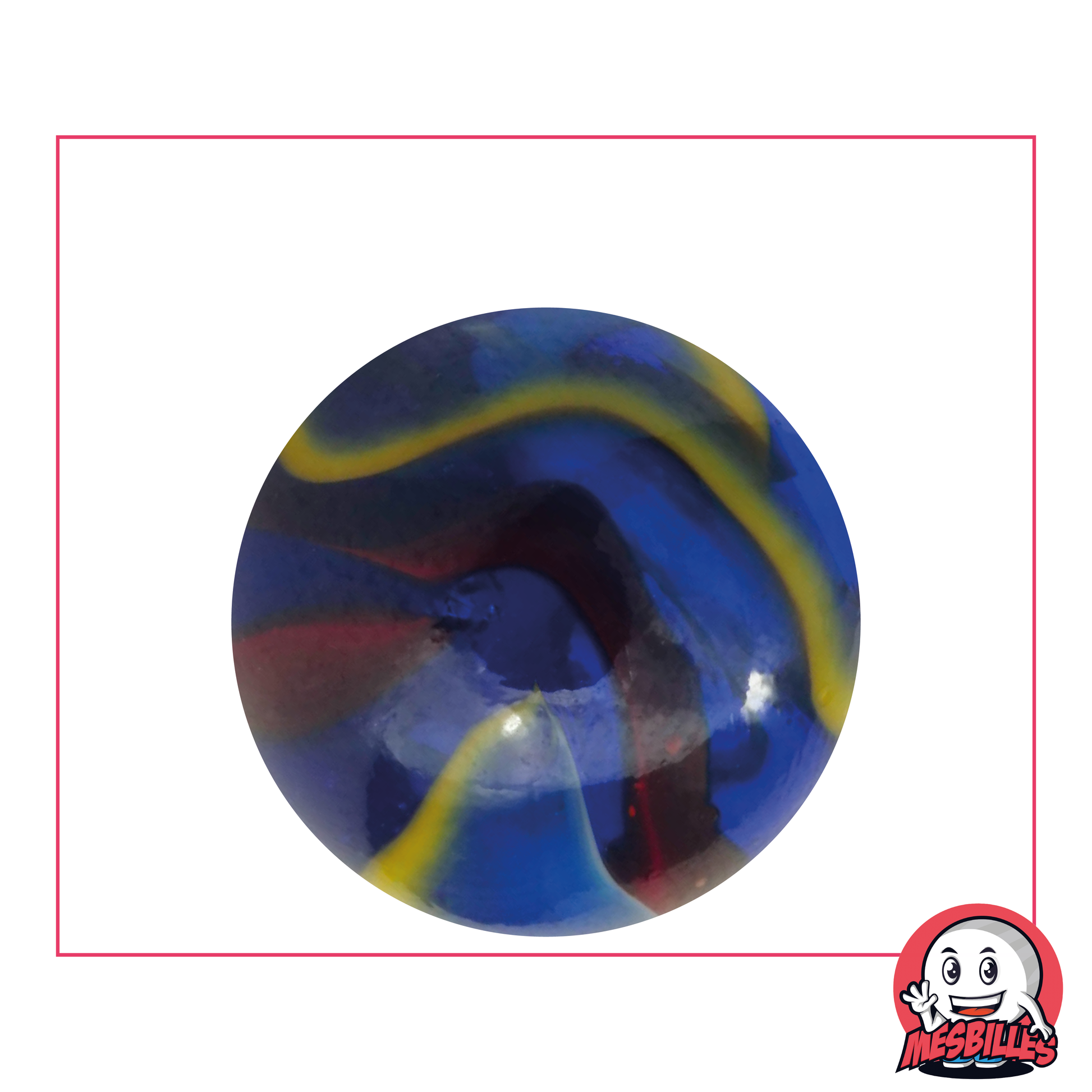 Murmeln Michelangelo 35 mm aus blauem Glas, mit roten, weißen und gelben Streifen - MeineMurmeln