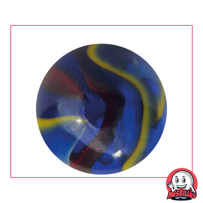 Murmeln Michelangelo 42 mm aus blauem Glas, mit roten, weißen und gelben Streifen – MeineMurmeln