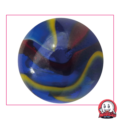 Murmeln Michelangelo 50 mm aus blauem Glas mit roten, weißen und gelben Streifen – MeineMurmeln
