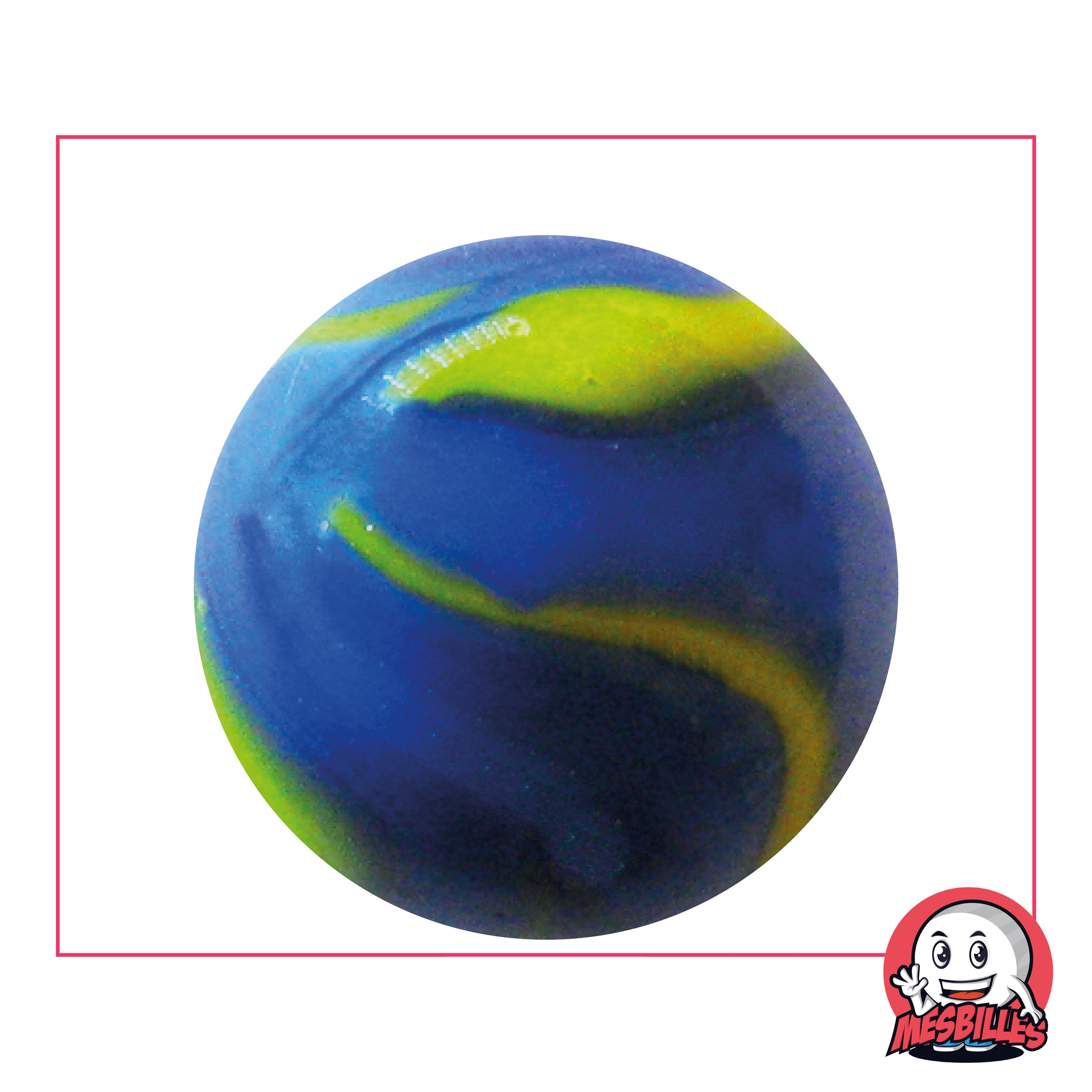 Porzellanmurmel Van Gogh 42 mm mit gelben Farbspuren auf opakem blauem Hintergrund, sehr große Murmel
